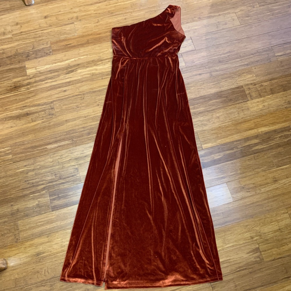 Baltic Born One Shoulder Velvet Maxi Dress‎ Burnt Orange Size Large Side Slit - Picture 1 of 6